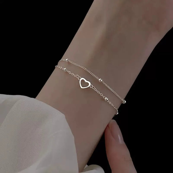 925 Sterling Silver Hollow Heart Bracelets For Women Girls Vintage Korean Design Double Layer Beads Bracelet Party Jewelry Gifts — view 2