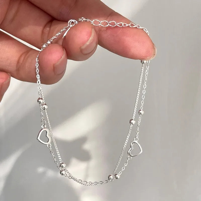 925 Sterling Silver Hollow Heart Bracelets For Women Girls Vintage Korean Design Double Layer Beads Bracelet Party Jewelry Gifts