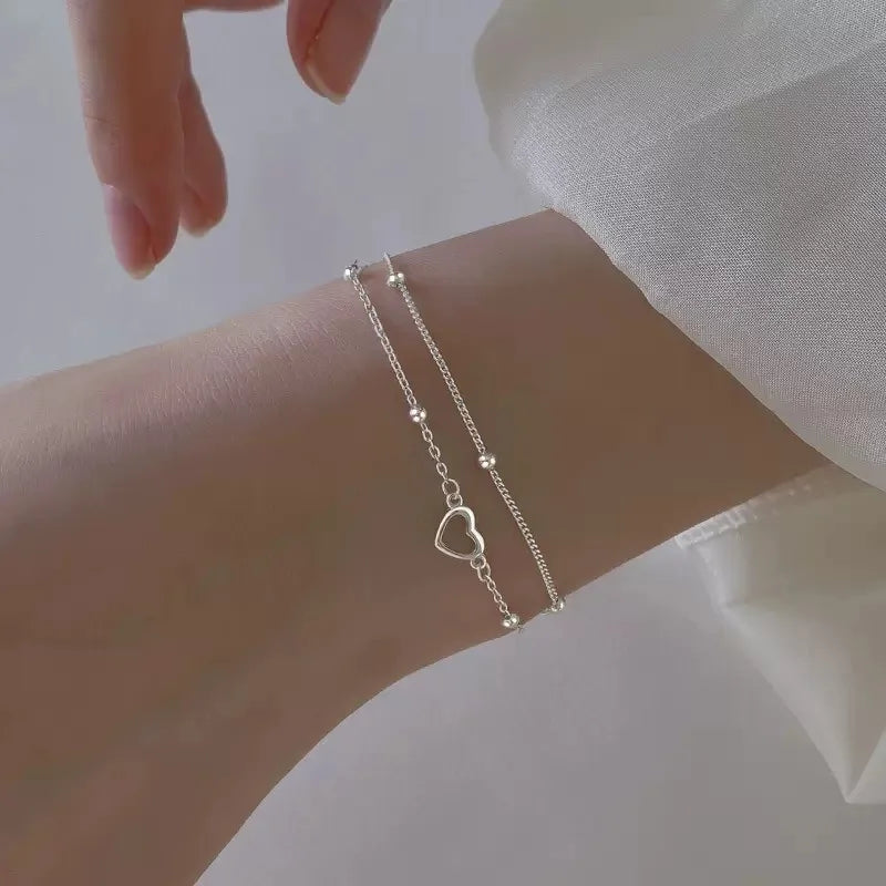 925 Sterling Silver Hollow Heart Bracelets For Women Girls Vintage Korean Design Double Layer Beads Bracelet Party Jewelry Gifts