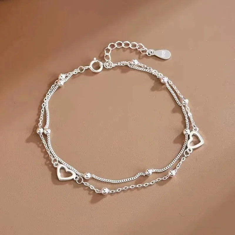 925 Sterling Silver Hollow Heart Bracelets For Women Girls Vintage Korean Design Double Layer Beads Bracelet Party Jewelry Gifts